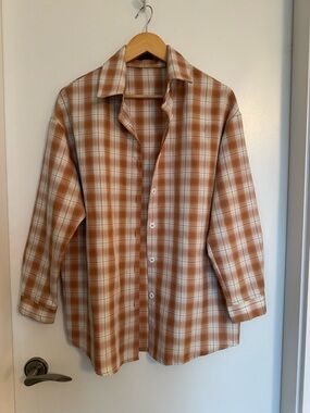 SHEIN Caramel Plaid Oversized Button-Up Shirt Size Small